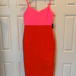 NWT Express Pink & Orange Colorblock Knit Midi Dress Size L